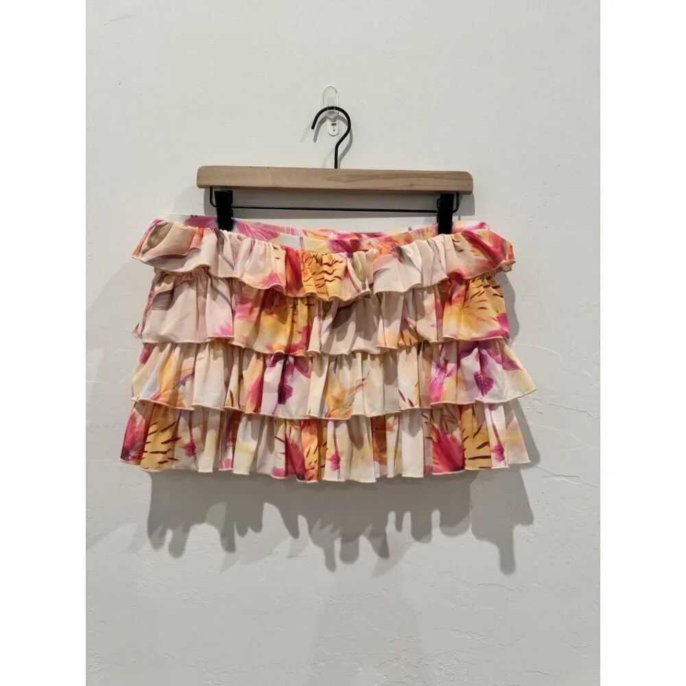 Out From Under Skirt Womens L Pink Floral Ruffle Tiered Mini Urban Outfitters